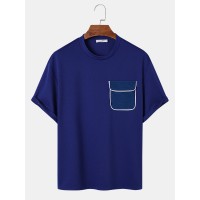 Mens Contrast Flap Pocket Crew Neck Loose Short Sleeve T  Shirts