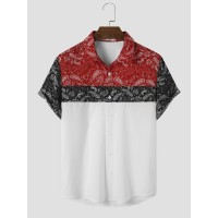 Mens Paisley Color Block Print Lapel Short Sleeve Shirts